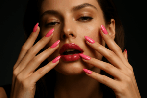 טכנאית ציפורניים מקצועית במכון ציפורניים בחיפה, מציגה מבחר גוונים של לק ג'ל.