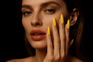 תמונה קרובה של יד אישה עם לק ג'ל מבריק וטרי, על רקע קיץ שמשי עם חוף וים