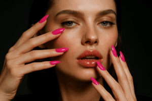 An illustrative image comparing various types of gel nail polishes with different base and top coats.